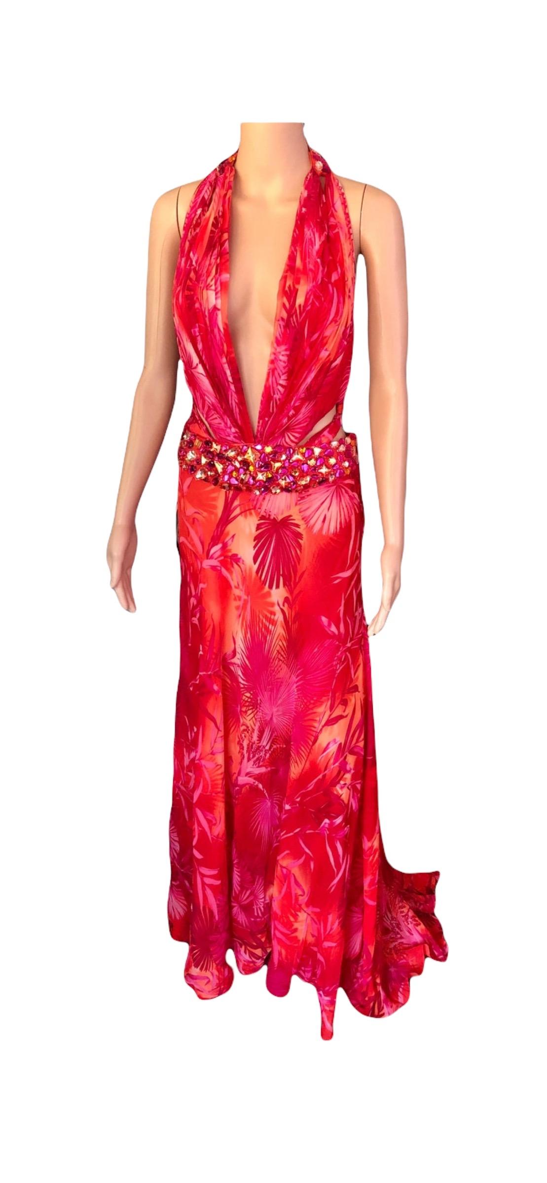 Gianni Versace S/S 2000 Runway Embellished Jungle Print Evening Dress Gown For Sale 4