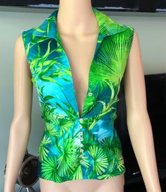 Gianni Versace S/S 2000 Runway Plunging Neckline Tropical Print Silk Shirt Top
