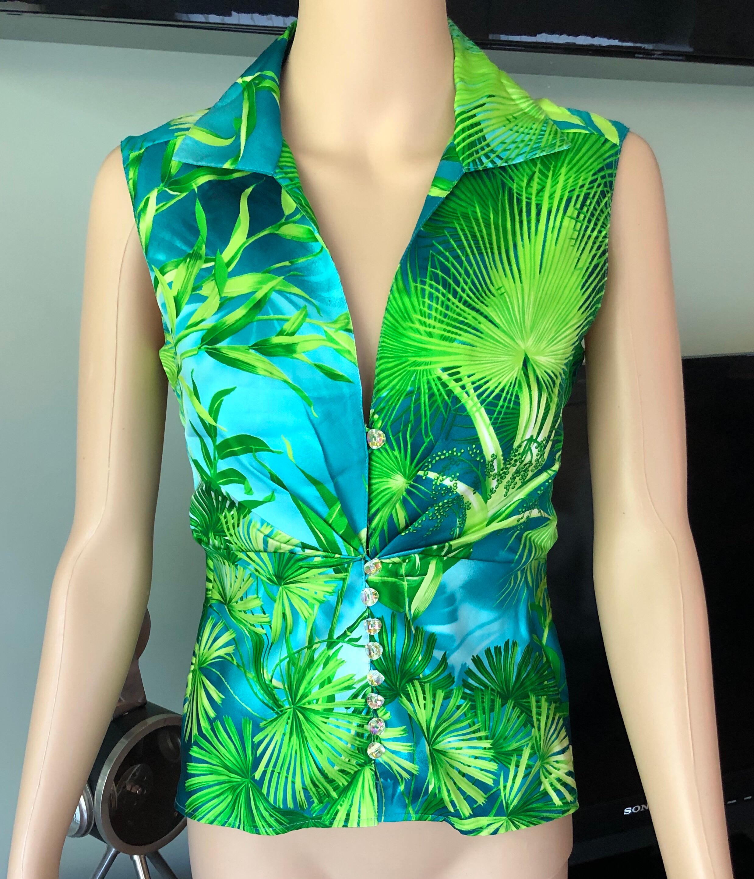 Green Gianni Versace S/S 2000 Runway Plunging Neckline Tropical Print Silk Shirt Top