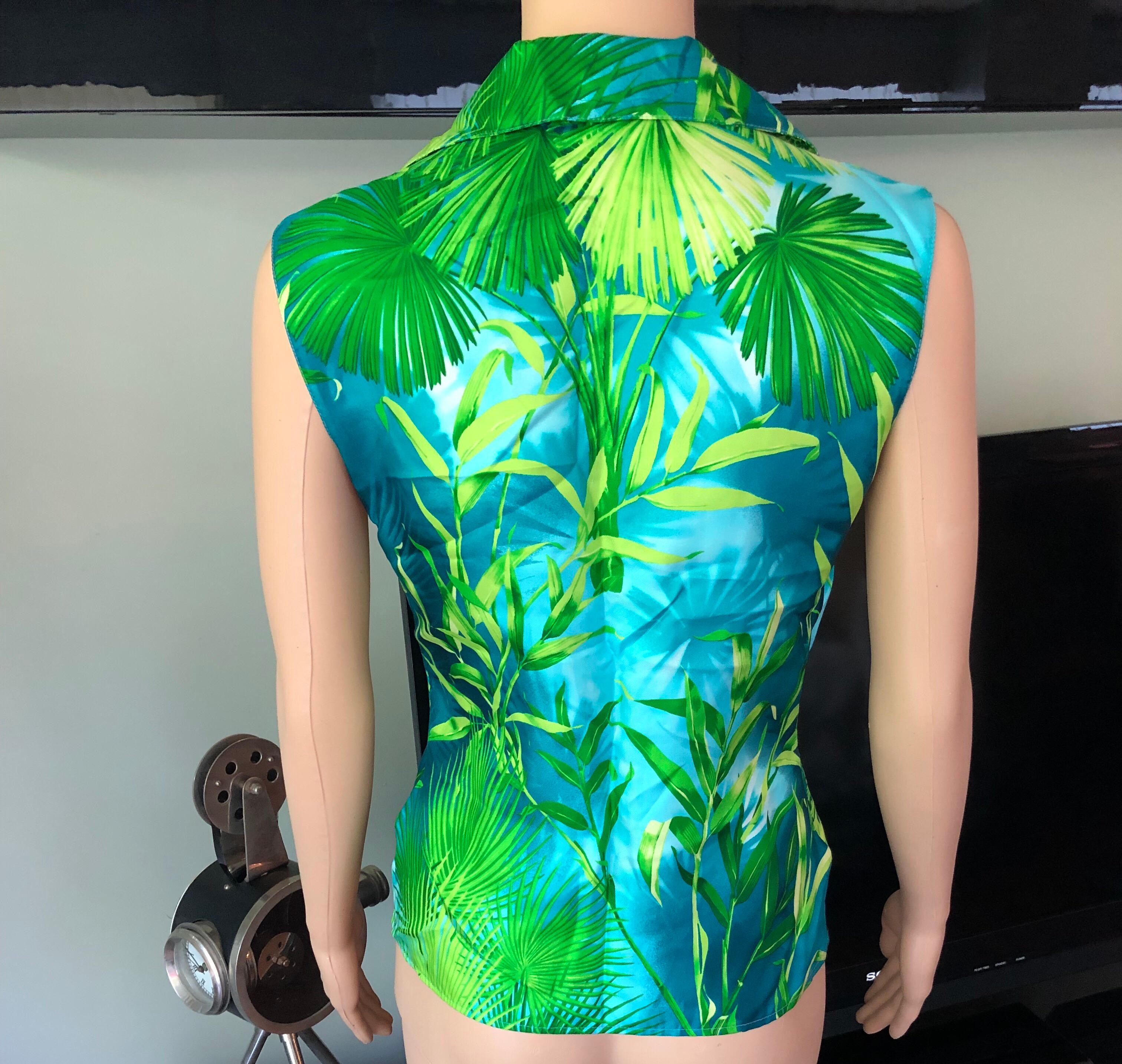 Gianni Versace S/S 2000 Runway Plunging Neckline Tropical Print Silk Shirt Top In Excellent Condition In Naples, FL