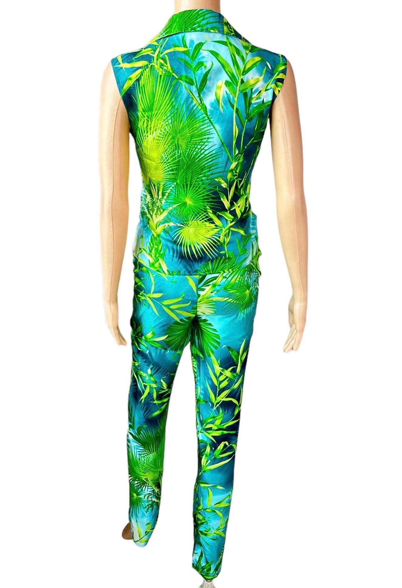 Verde Gianni Versace, sfilata P/E 2000, pantaloni con stampa di palme tropicali e camicetta 2 pezzi in vendita