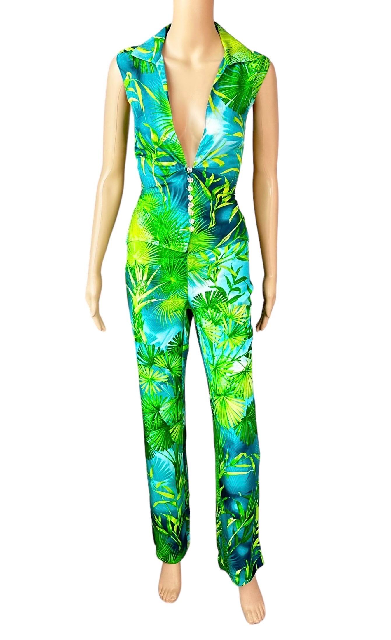 Gianni Versace, sfilata P/E 2000, pantaloni con stampa di palme tropicali e camicetta 2 pezzi In condizioni ottime in vendita a Naples, FL