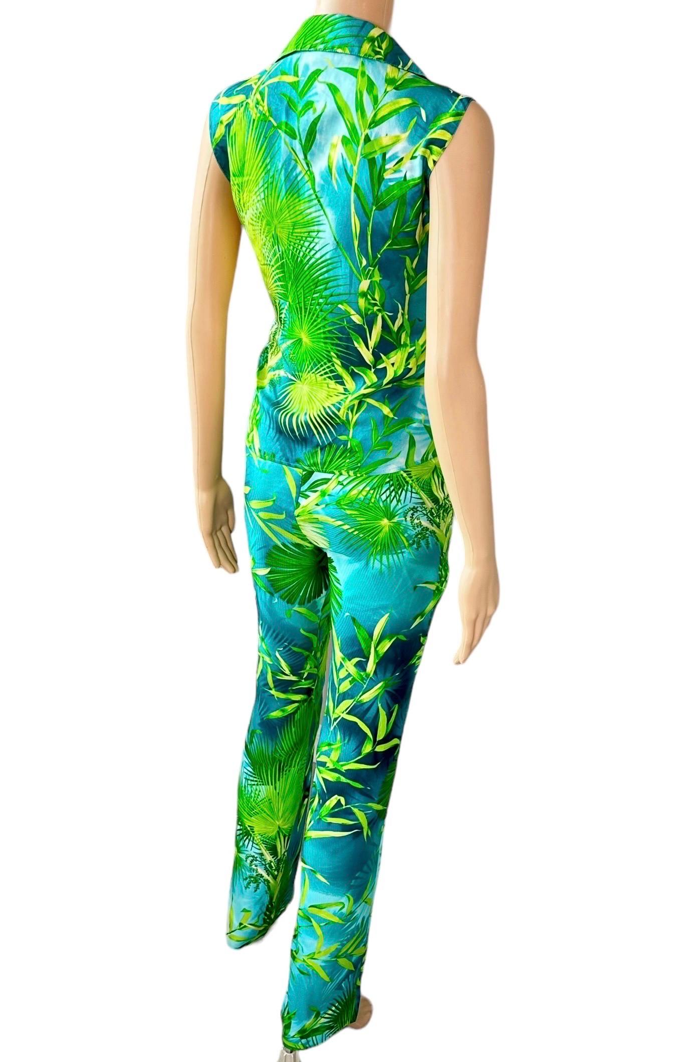 da uomo o donna Gianni Versace, sfilata P/E 2000, pantaloni con stampa di palme tropicali e camicetta 2 pezzi in vendita