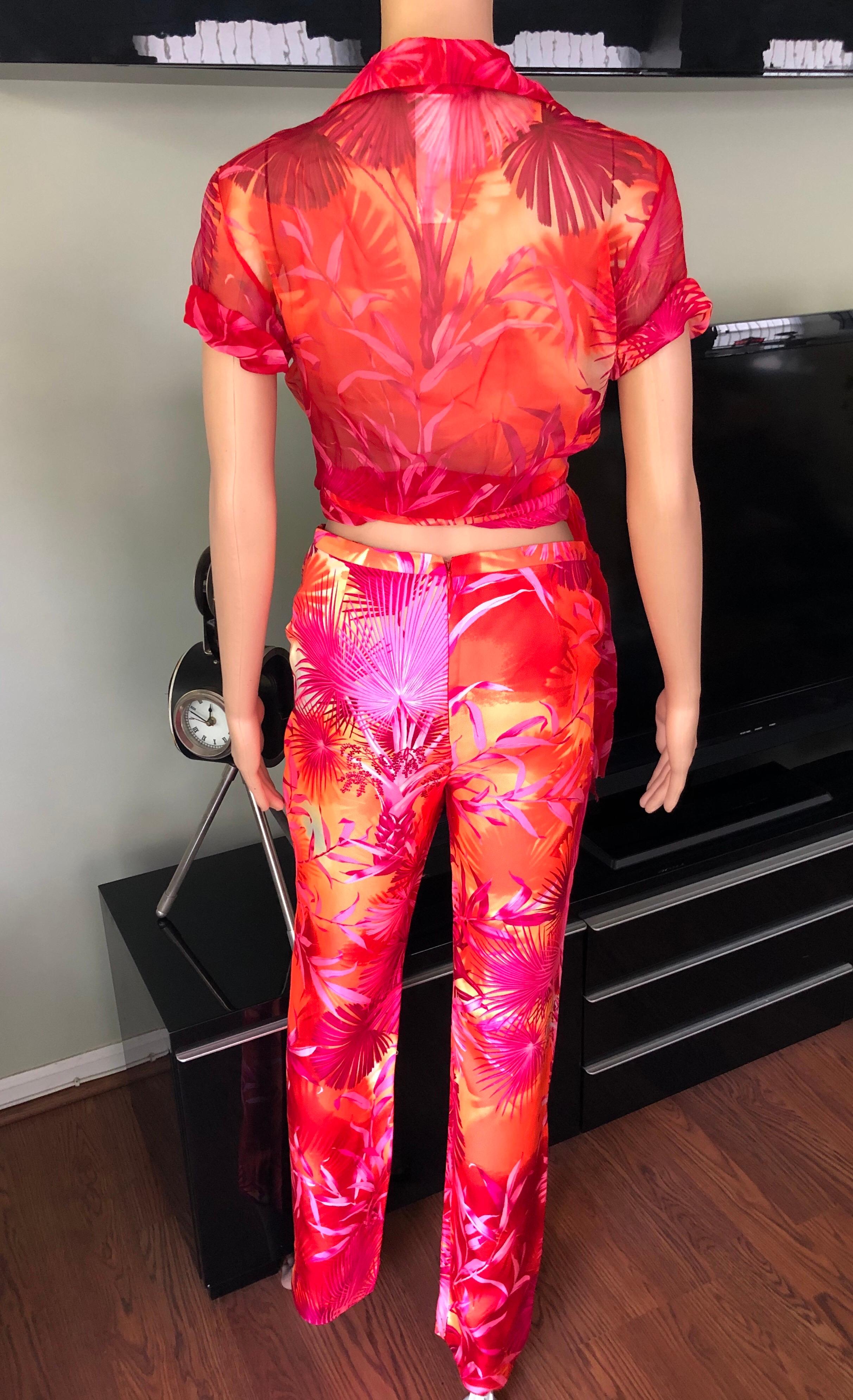 Red Gianni Versace S/S 2000 Runway Tropical Palm Print Pants & Blouse 2 Piece Set  For Sale