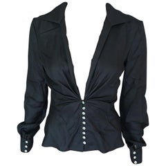 Gianni Versace S/S 2000 Runway Vintage Plunging Neckline Silk Black Shirt Top