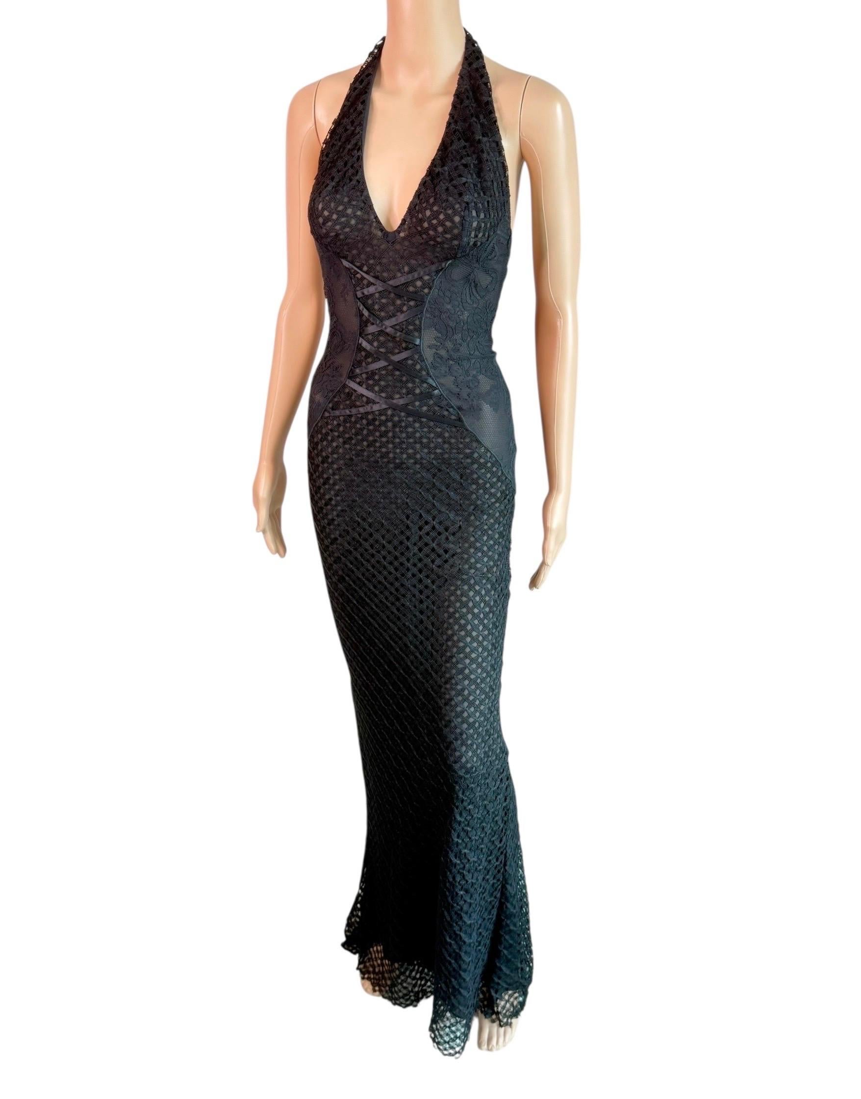 Gianni Versace S/S 2002 Tiefes Dekolleté Halter Rückenfrei Halbdurchsichtiges Korsett Spitze Schwarz Kleid IT 38