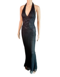 Gianni Versace S/S 2002 Plunging Backless Semi Sheer Lace Knit Black Dress Gown