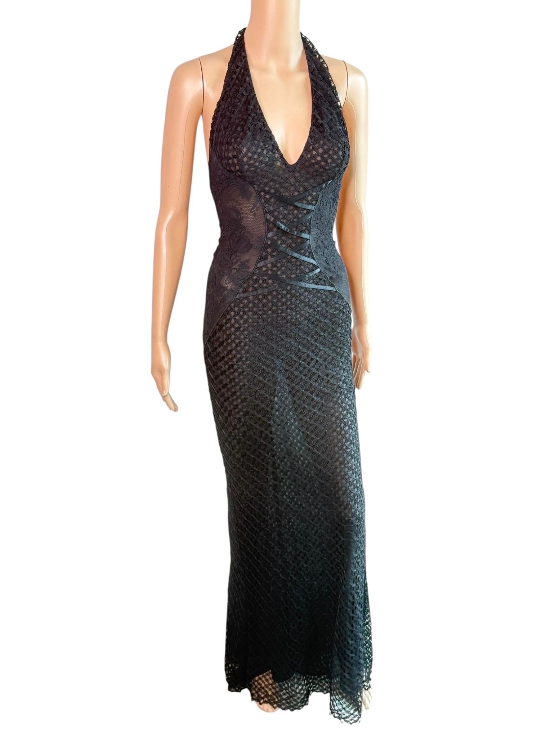 Gianni Versace S/S 2002 Tief ausgeschnittenes, halbtransparentes Spitzen-Strickkleid in Schwarz für Damen oder Herren im Angebot