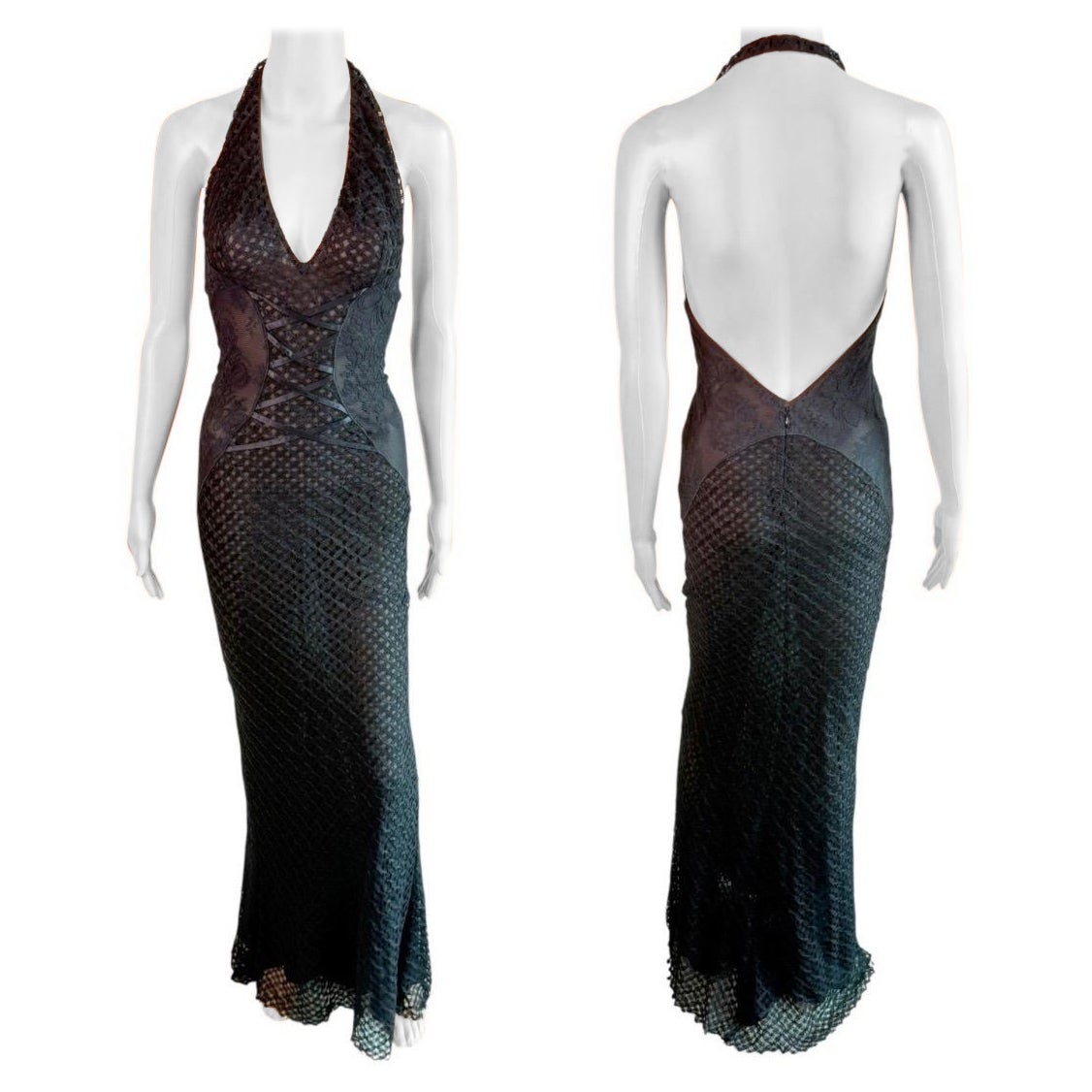 Gianni Versace S/S 2002 Vestido negro de punto de encaje semi transparente con escote en la espalda en venta