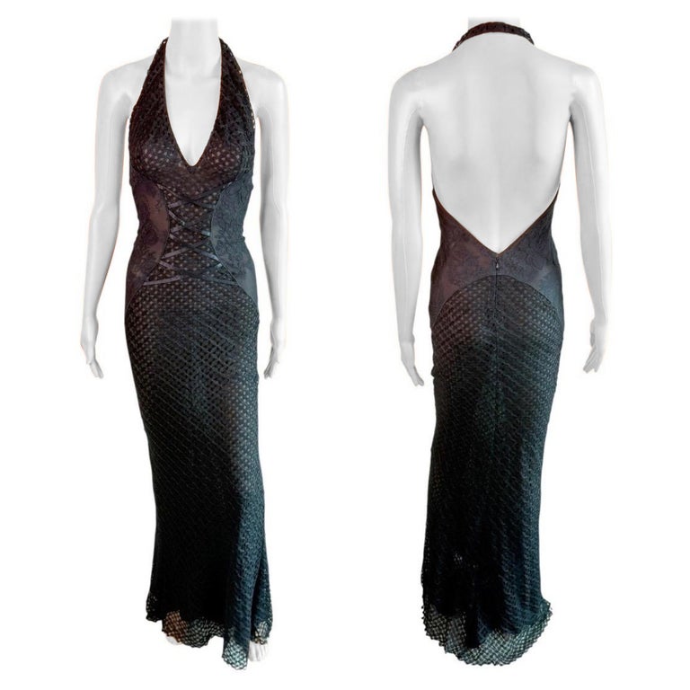 Gianni Versace S/S 2002 Plunging Backless Semi Sheer Lace Knit Black Dress  Gown
