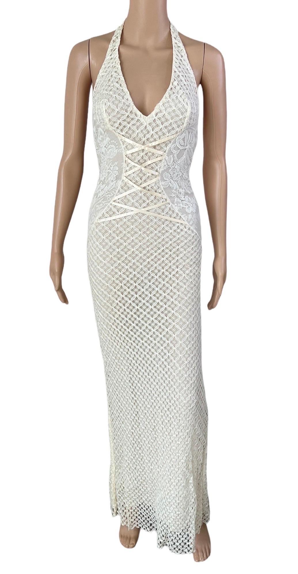 Gianni Versace S/S 2002 Plunging Backless Semi Sheer Lace Knit Ivory Dress Gown 5