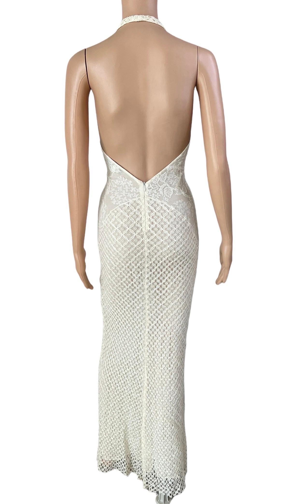 Gianni Versace S/S 2002 Plunging Backless Semi Sheer Lace Knit Ivory Dress Gown 6