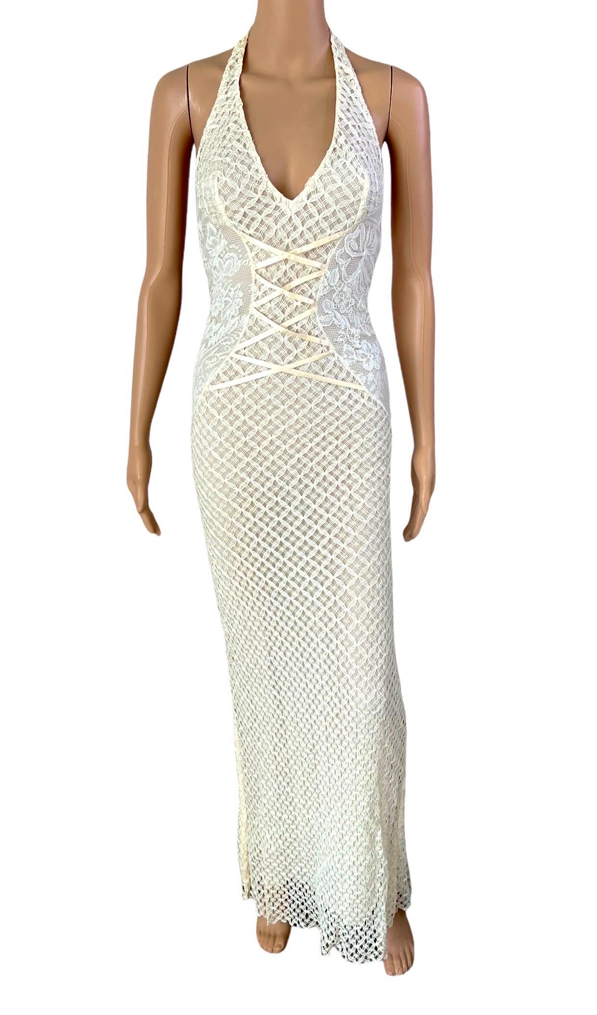 Gianni Versace S/S 2002 Plunging Neckline Halter Backless Semi Sheer Corset Lace Up Ivory Dress Gown IT 40