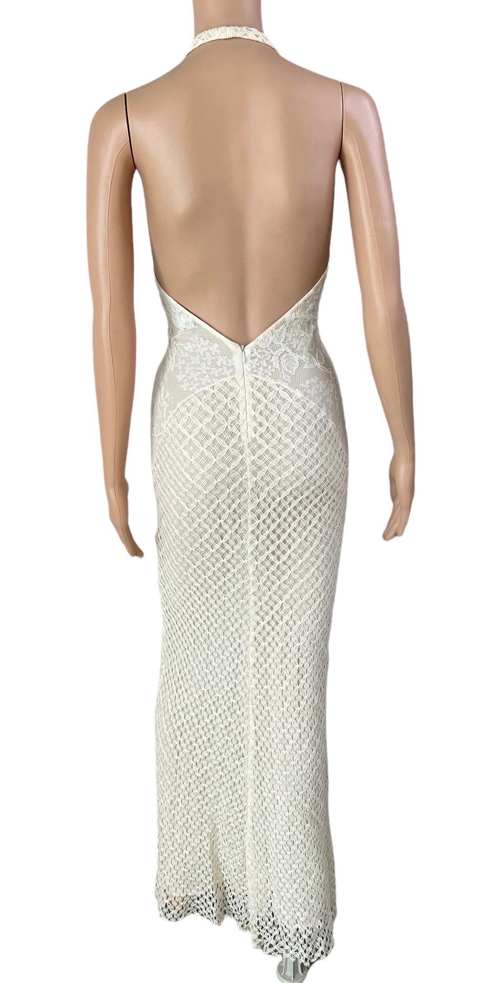 Gray Gianni Versace S/S 2002 Plunging Backless Semi Sheer Lace Knit Ivory Dress Gown