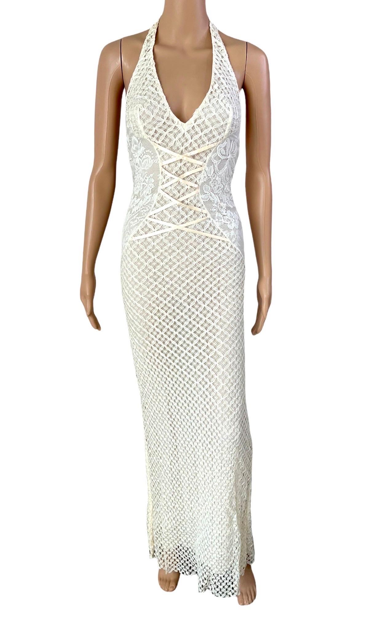 Gianni Versace S/S 2002 Plunging Backless Semi Sheer Lace Knit Ivory Dress Gown In Good Condition In Naples, FL