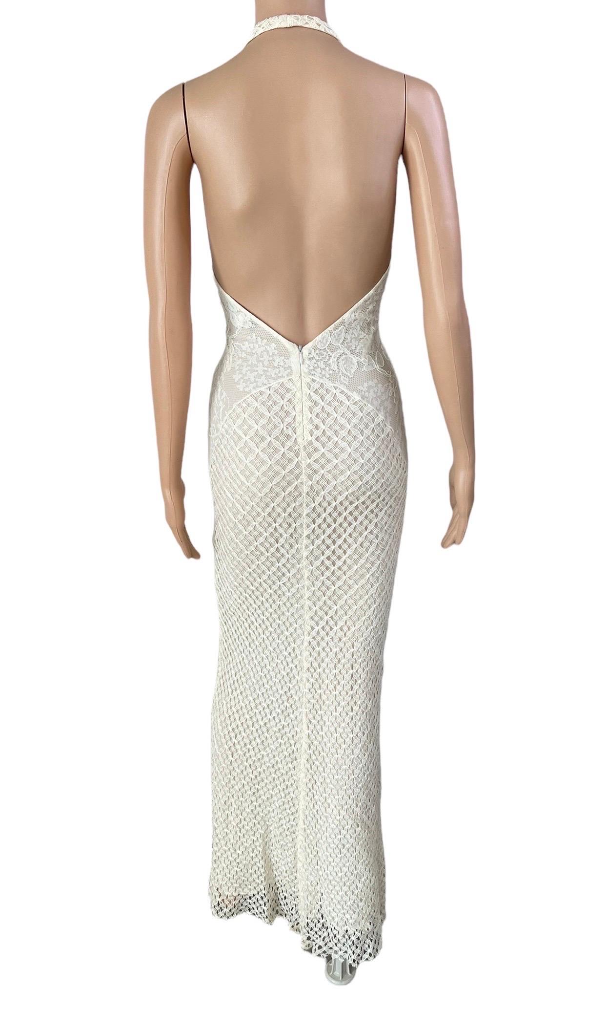 Women's or Men's Gianni Versace S/S 2002 Plunging Backless Semi Sheer Lace Knit Ivory Dress Gown