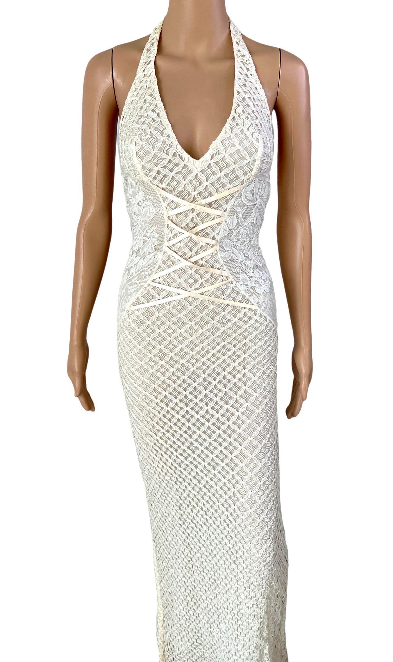 Gianni Versace S/S 2002 Plunging Backless Semi Sheer Lace Knit Ivory Dress Gown 1