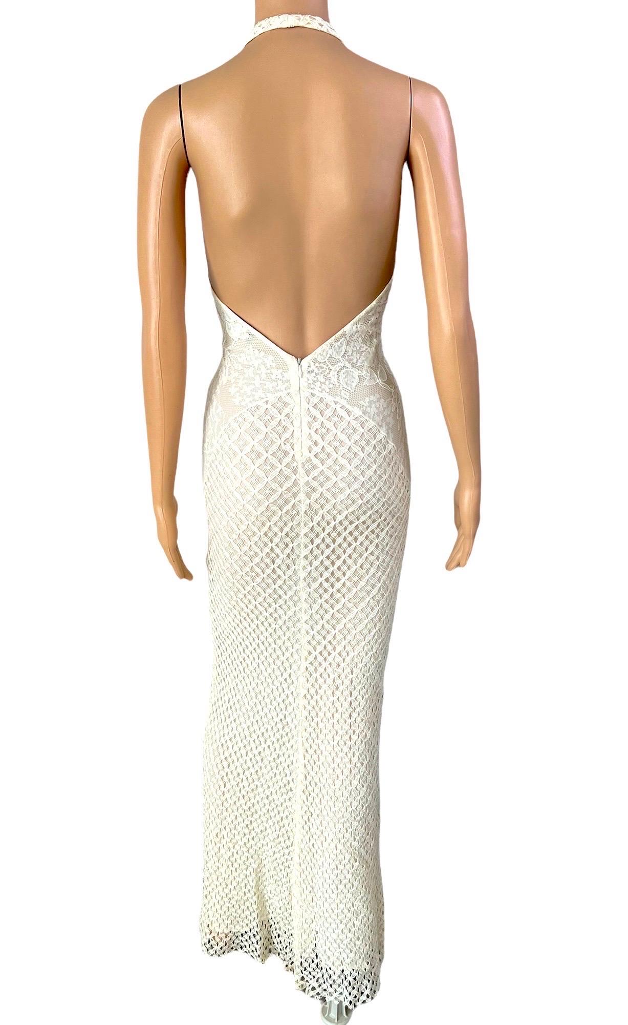 Gianni Versace S/S 2002 Plunging Backless Semi Sheer Lace Knit Ivory Dress Gown 2