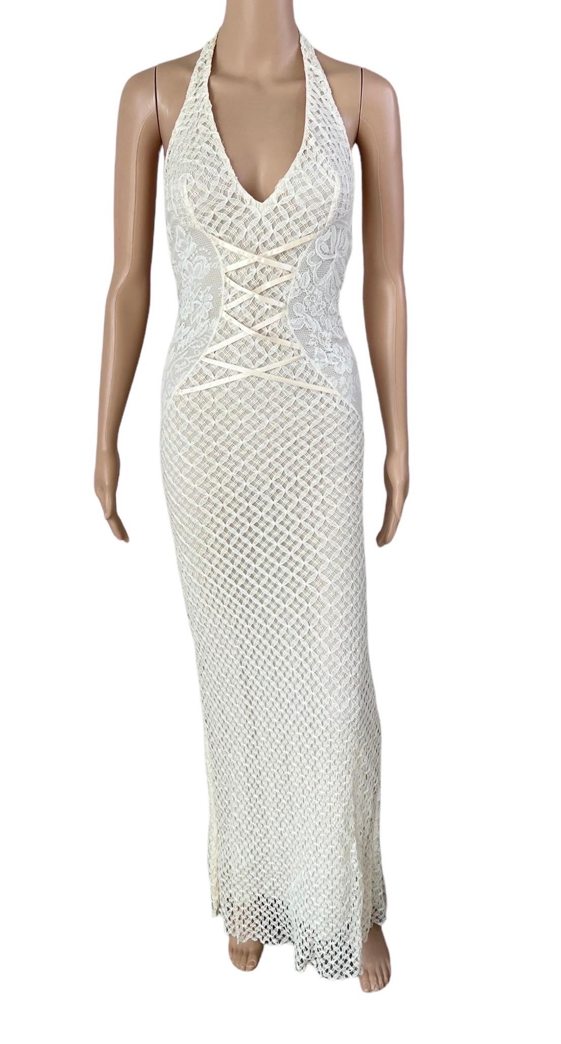 Gianni Versace S/S 2002 Plunging Backless Semi Sheer Lace Knit Ivory Dress Gown 3