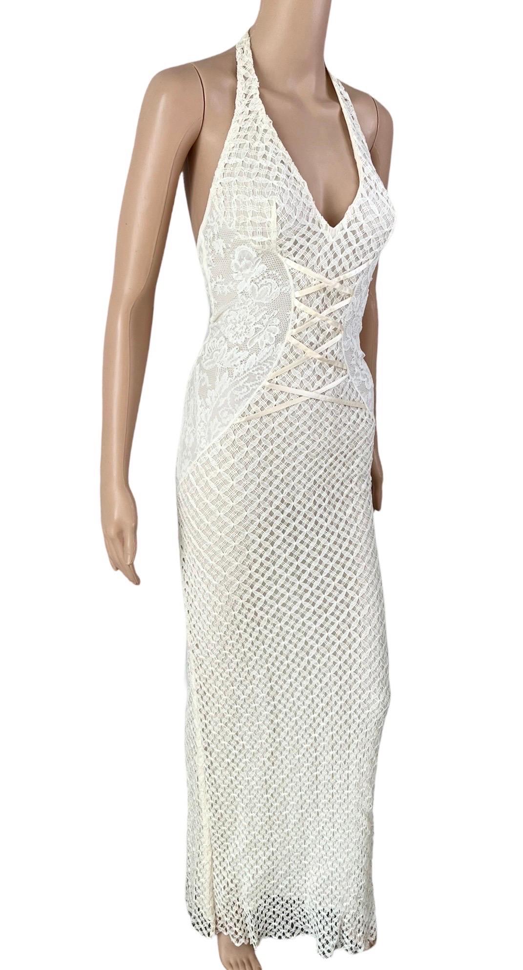 Gianni Versace S/S 2002 Plunging Backless Semi Sheer Lace Knit Ivory Dress Gown 4