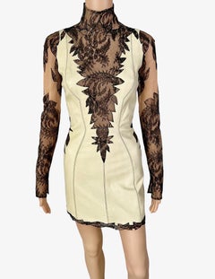 Gianni Versace S/S 2002 Plunging Leather and Sheer Lace Panels Cutout Mini Dress