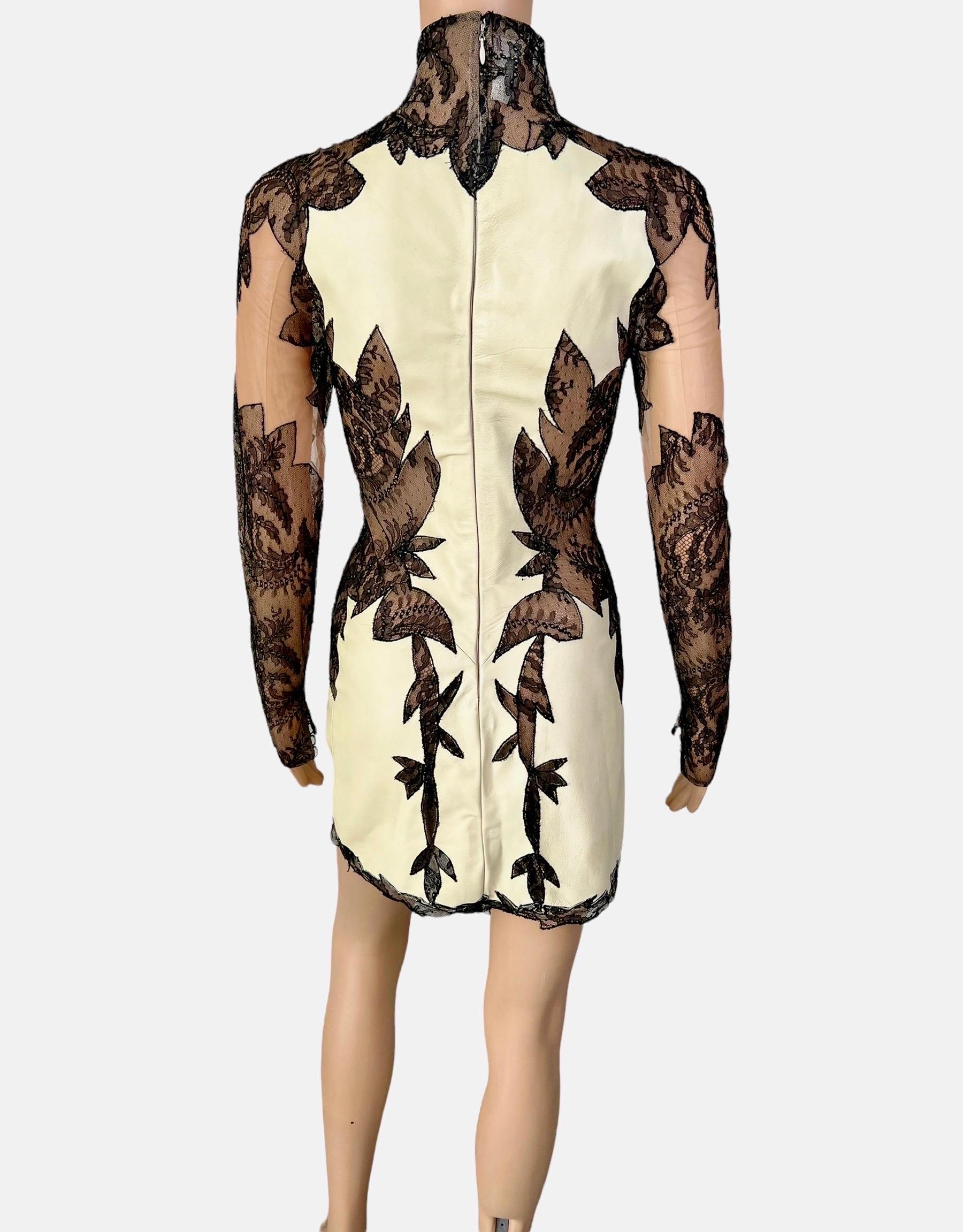 Gianni Versace S/S 2002 Plunging Leather and Sheer Lace Panels Cutout Mini Dress In Good Condition For Sale In Naples, FL