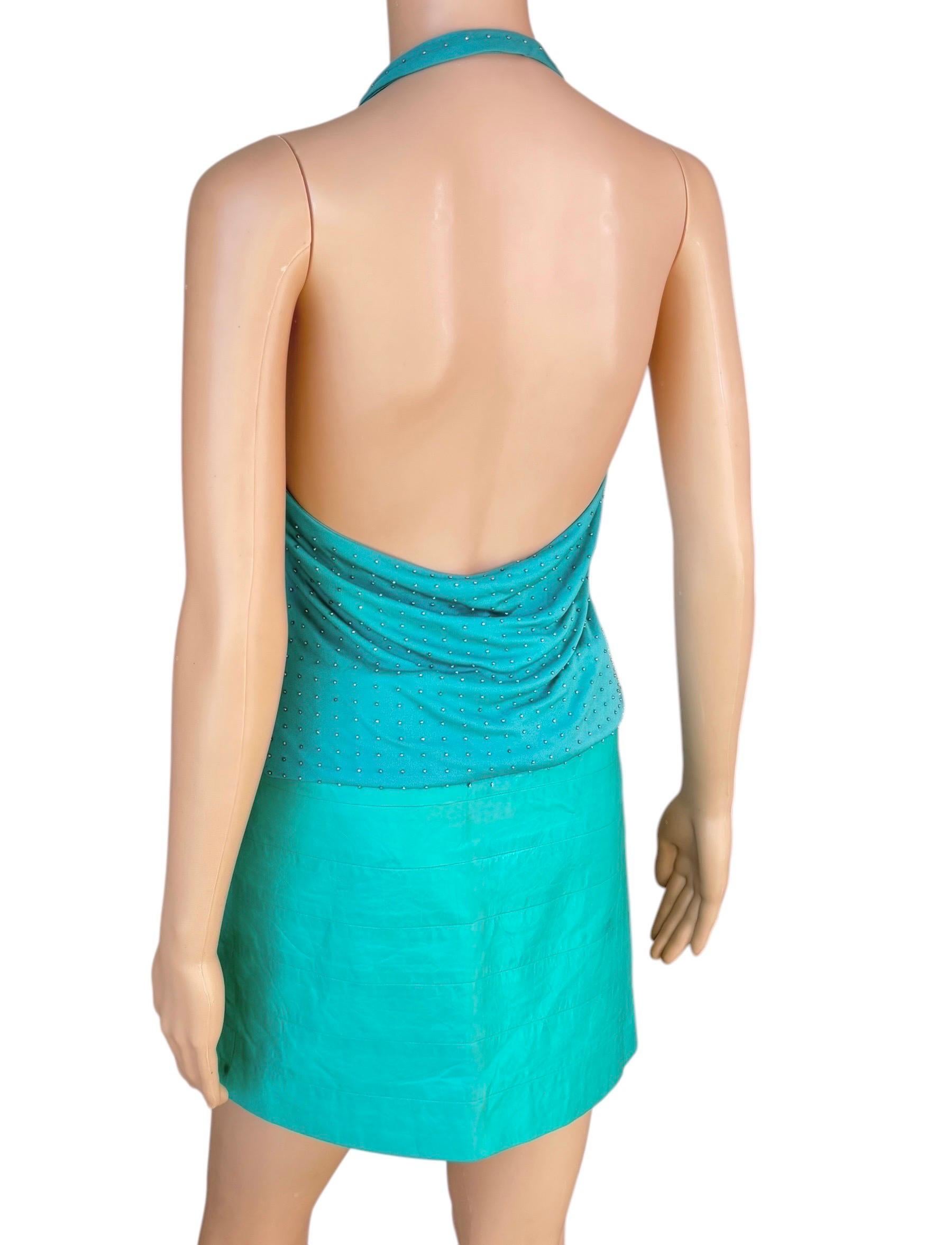 Women's or Men's Gianni Versace S/S 2003 Runway Embellished Top & Leather Mini Skirt 2 Piece Set