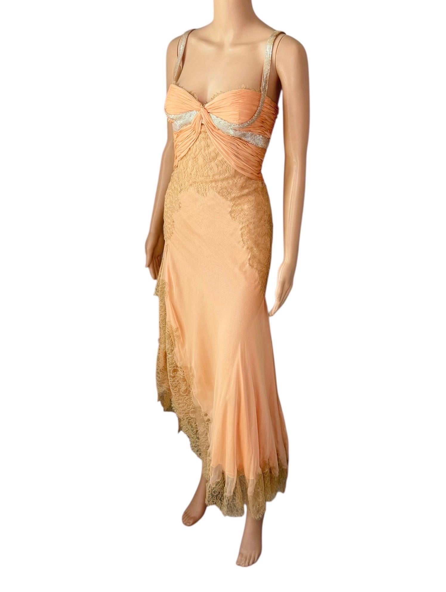 Gianni Versace Couture S/S 2003 Runway Sheer Lace Panels Oroton Metal Mesh Embellished Dress 

Size: IT 44 but fits smaller, closer to IT 40, fits perfectly on the US 4  mannequin

Condition: very good vintage condition