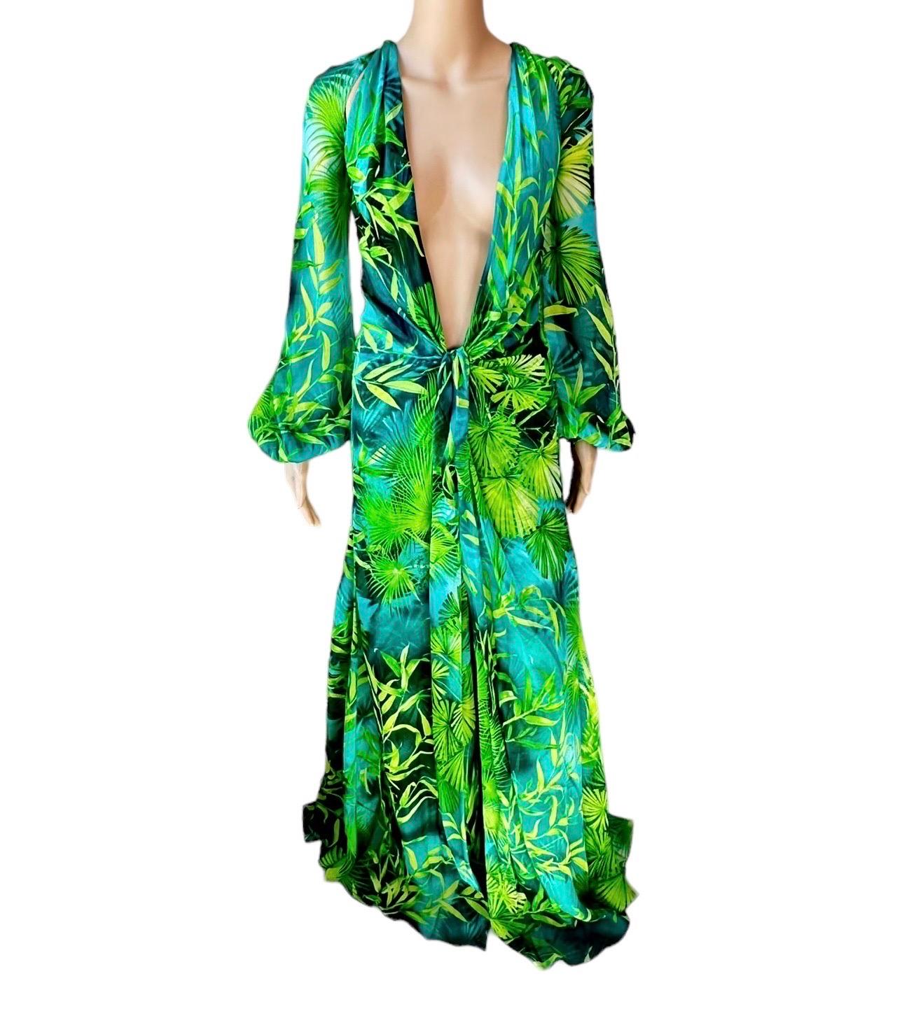 Versace S/S 2020 Plunging Jungle Print Bodysuit & Evening Dress Gown Set In Excellent Condition In Naples, FL