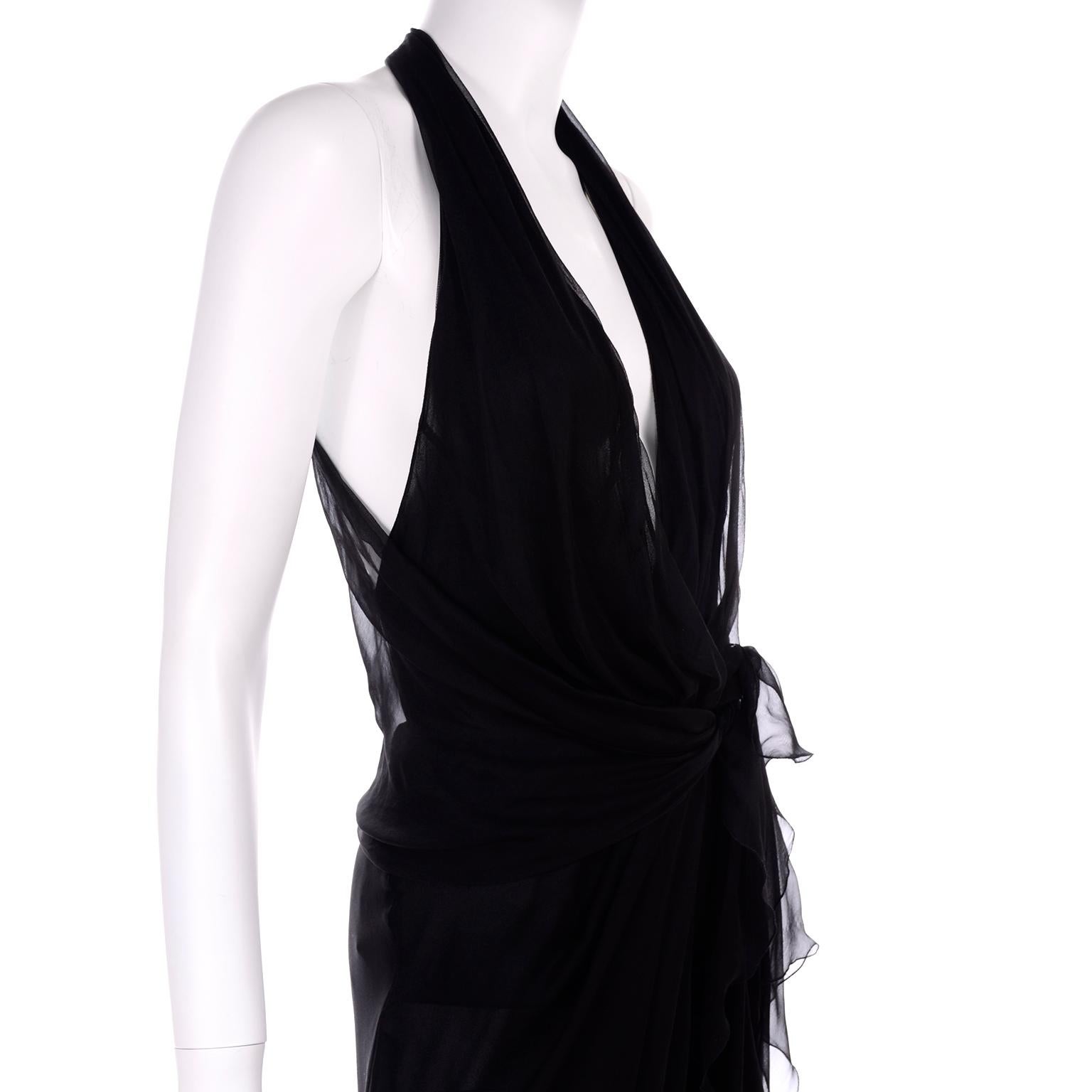 Gianni Versace Vintage Sheer Black Silk Chiffon Low Evening Dress w High Slit 4