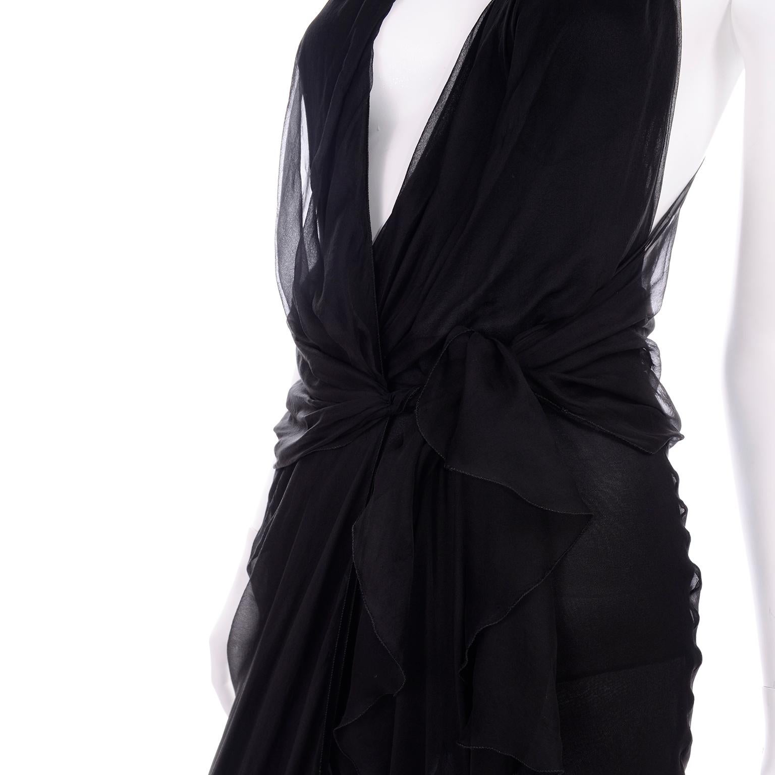 Gianni Versace Vintage Sheer Black Silk Chiffon Low Evening Dress w High Slit 8
