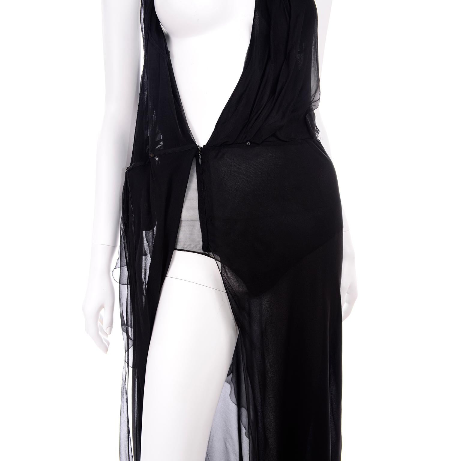 Gianni Versace Vintage Sheer Black Silk Chiffon Low Evening Dress w High Slit 9