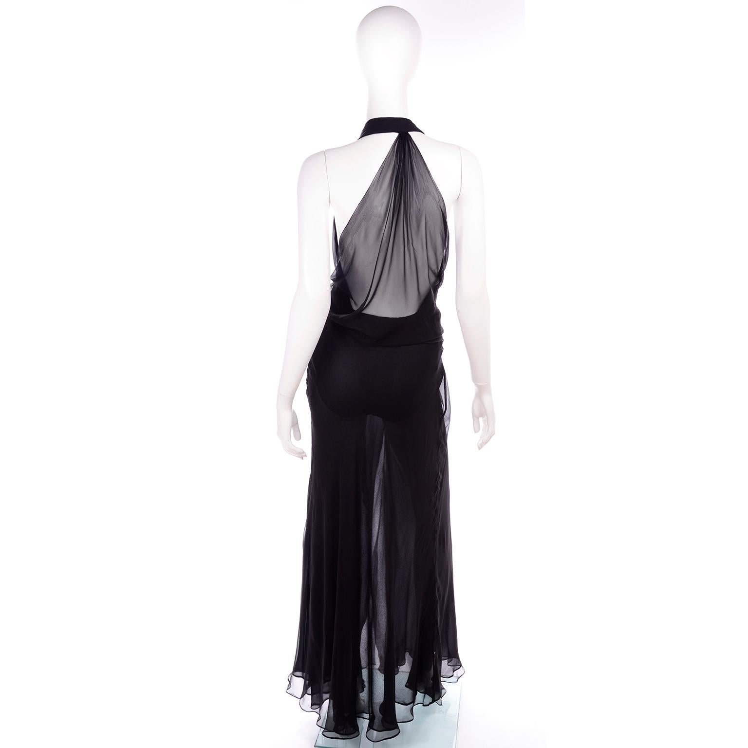 Gianni Versace Vintage Sheer Black Silk Chiffon Low Evening Dress w High Slit In Excellent Condition In Portland, OR