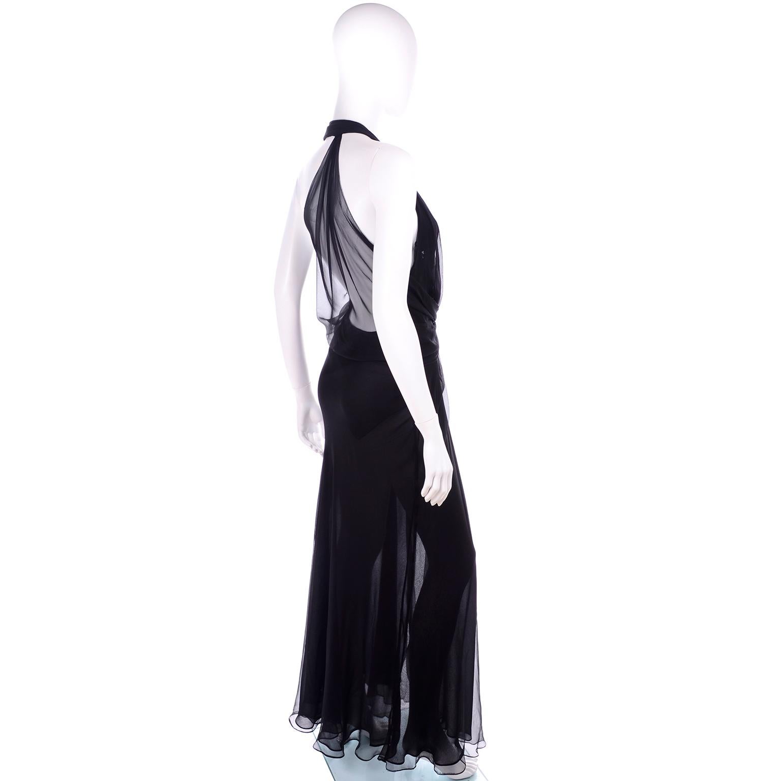 Women's Gianni Versace Vintage Sheer Black Silk Chiffon Low Evening Dress w High Slit