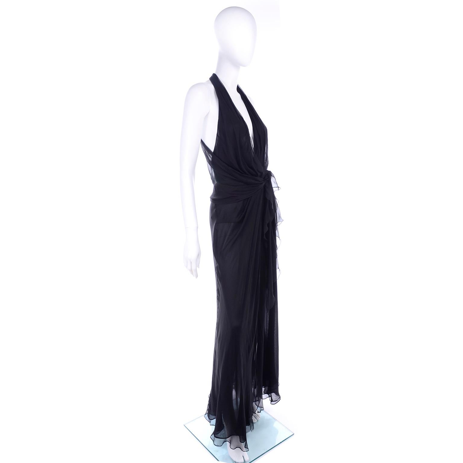 Gianni Versace Vintage Sheer Black Silk Chiffon Low Evening Dress w High Slit 1