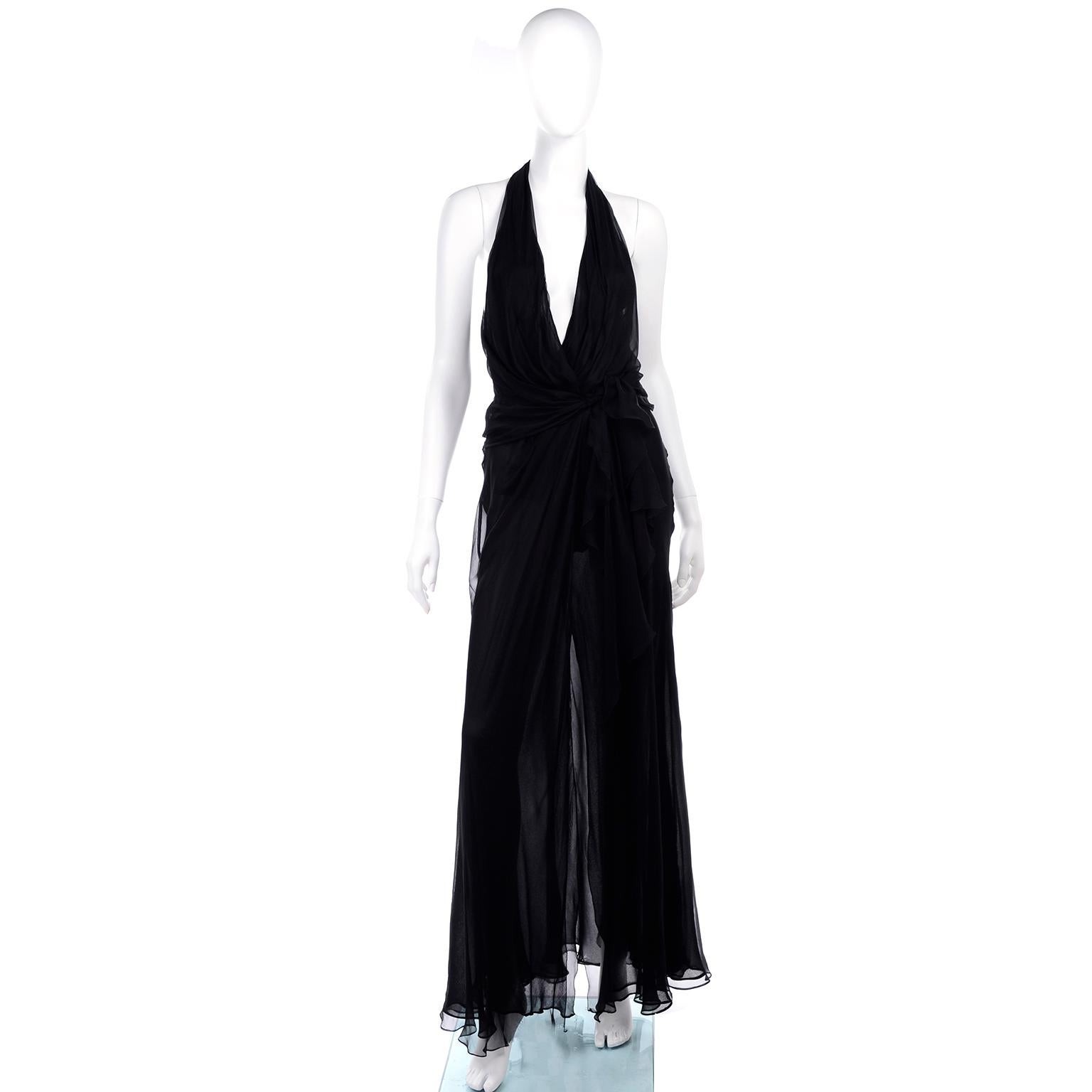 Gianni Versace Vintage Sheer Black Silk Chiffon Low Evening Dress w High Slit 2