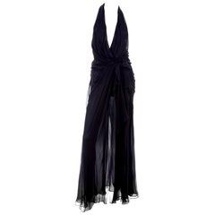 Gianni Versace Vintage Sheer Black Silk Chiffon Low Evening Dress w High Slit