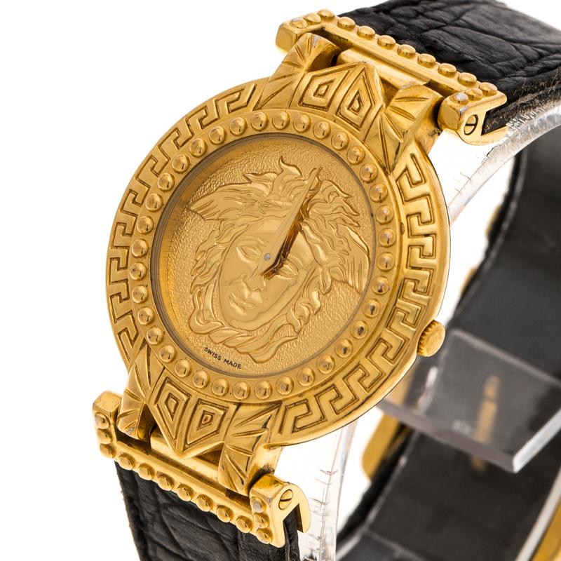 Gianni Versace Signature Medusa Gold Plated Leather Women's Wristwatch 30MM For Sale at 1stDibs