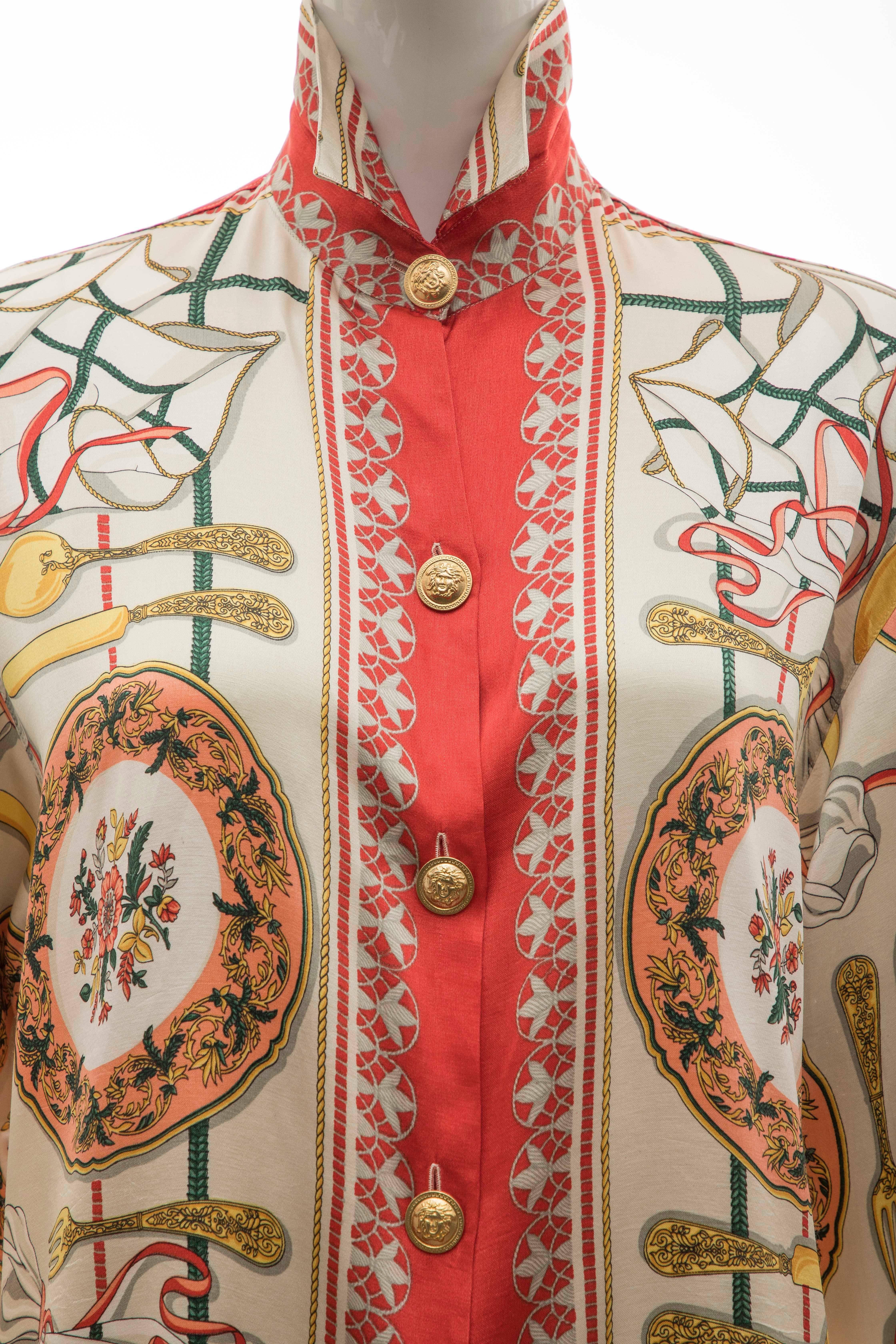 Gianni Versace Silk Printed Dinner Service Blouse, Circa 1990s In Excellent Condition In Cincinnati, OH