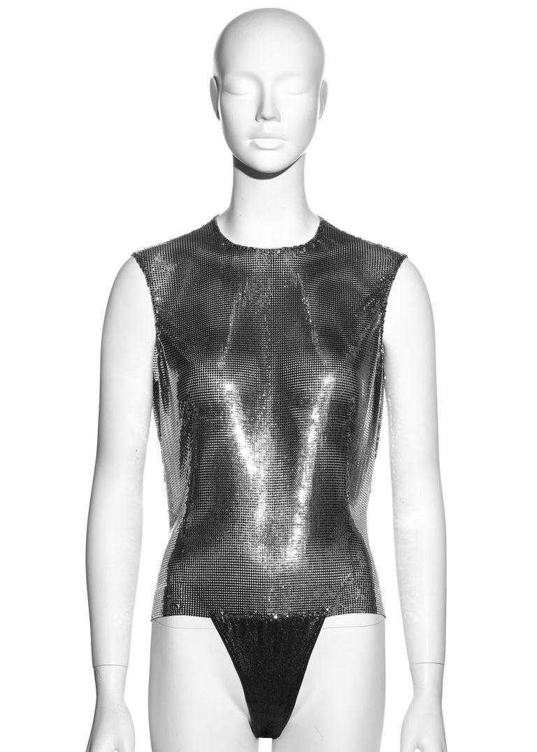 Gianni Versace silver Oroton metal chainmail bodysuit and skirt, fw 1994 For Sale 2