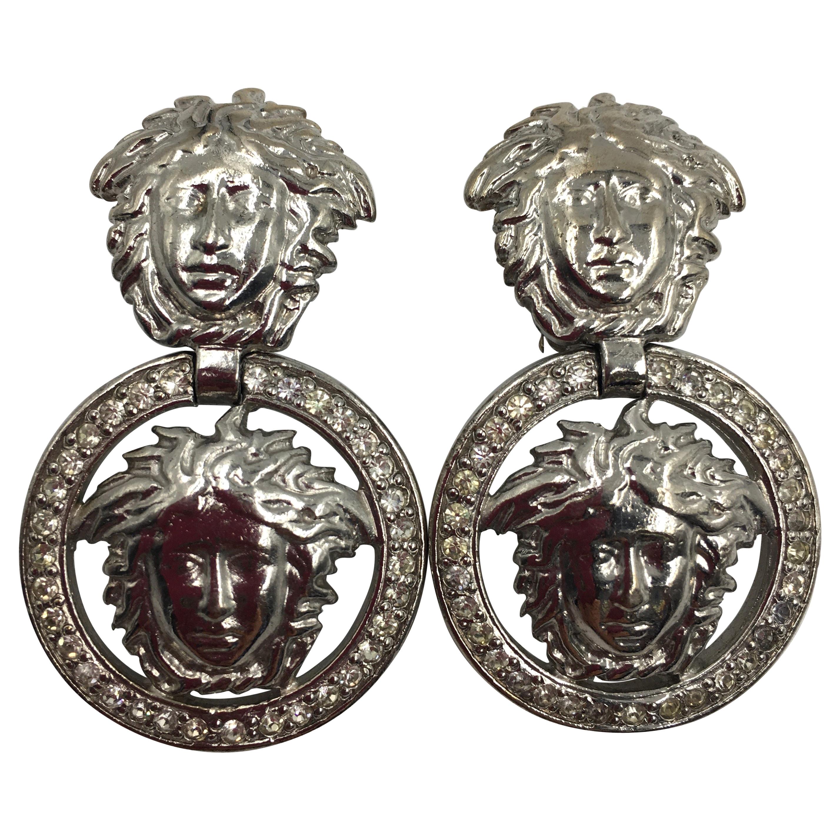 Gianni Versace Silver Tone Medusa Clip On Drop Earrings at 1stDibs