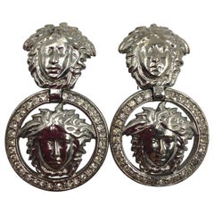 Vintage Gianni Versace Silver Tone Medusa Clip On Drop Earrings