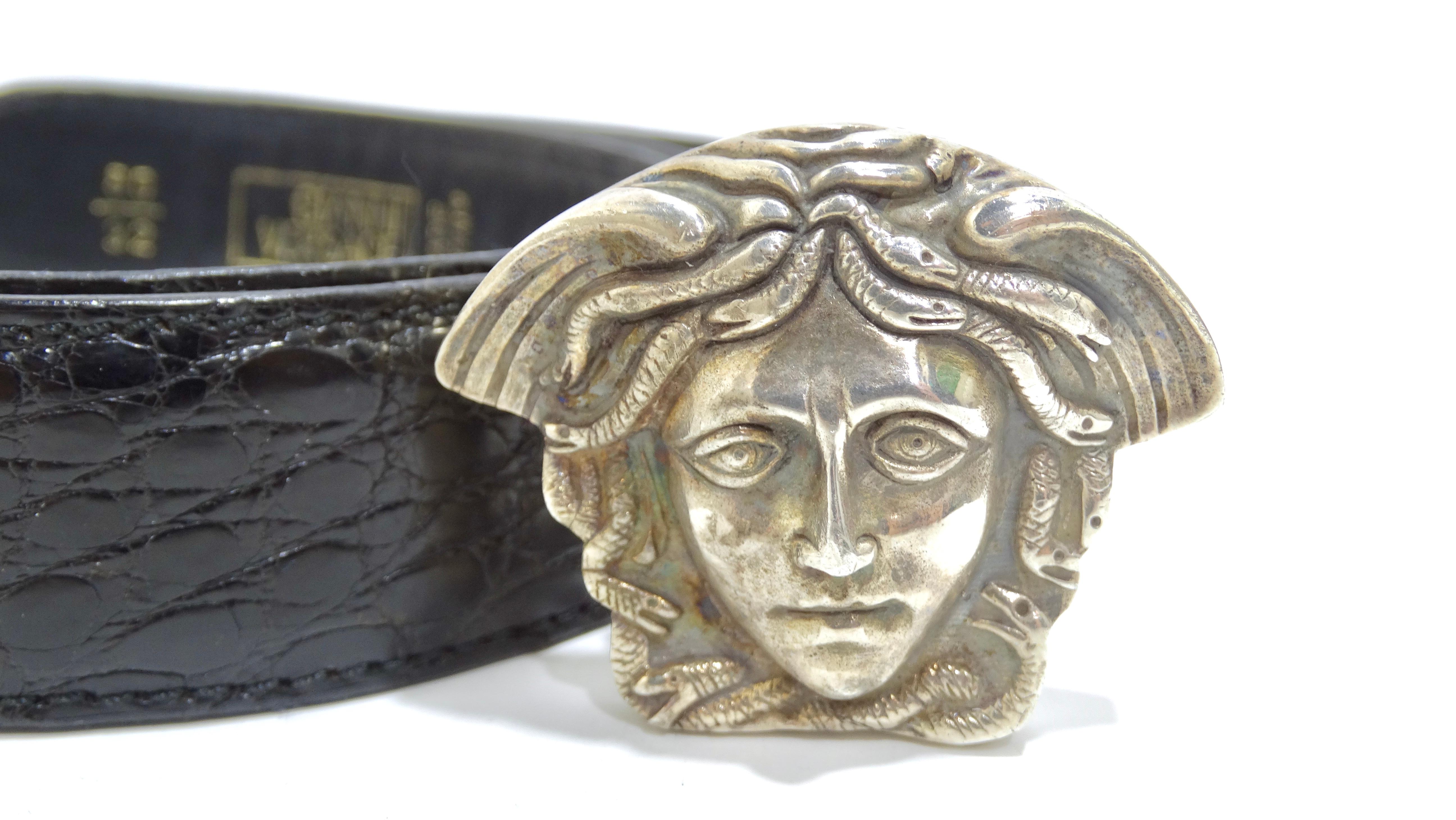 Gray Gianni Versace Silver-Toned Medusa Leather Belt For Sale