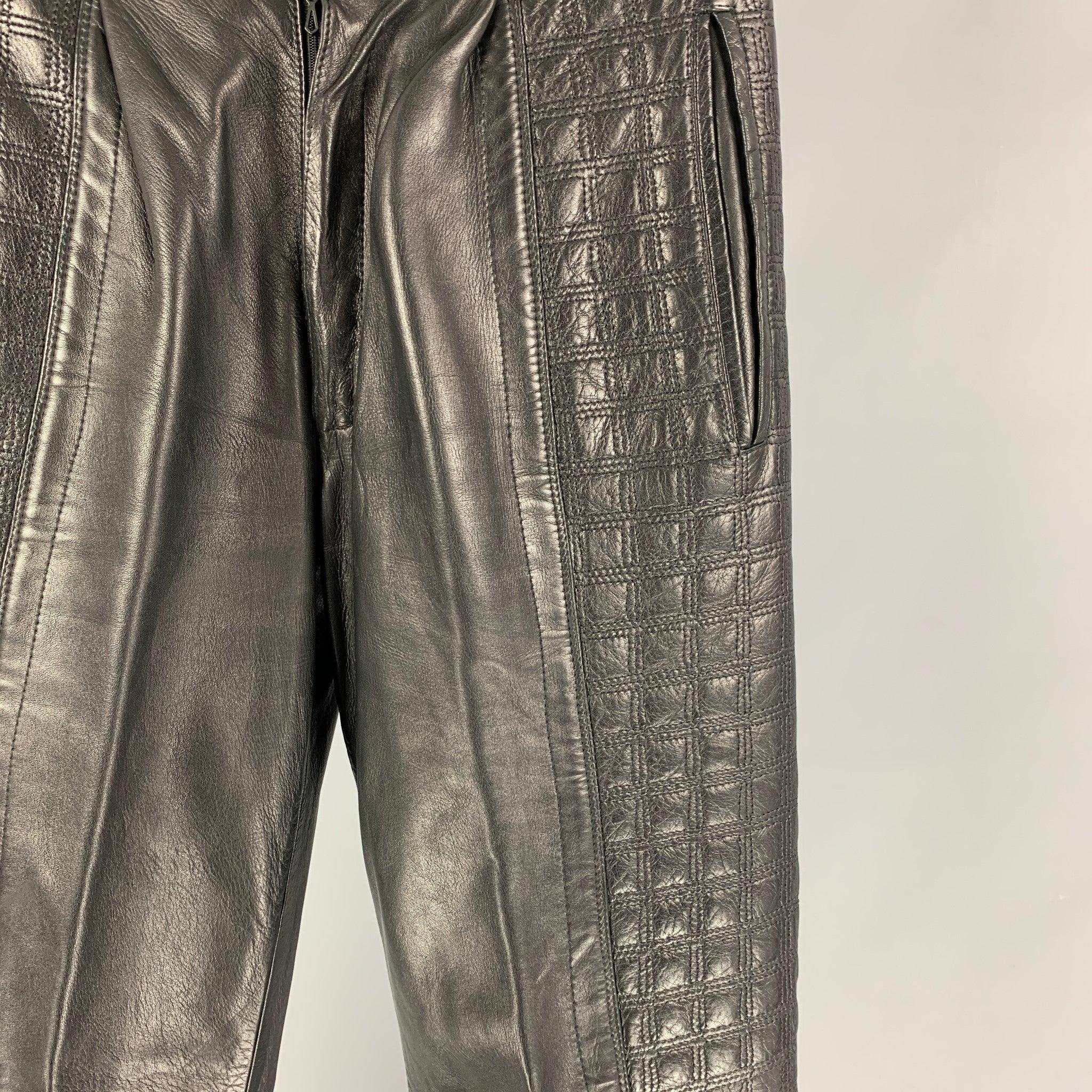 GIANNI VERSACE Size 28 Black Quilted Leather Flat Front Casual Pants In Good Condition For Sale In San Francisco, CA
