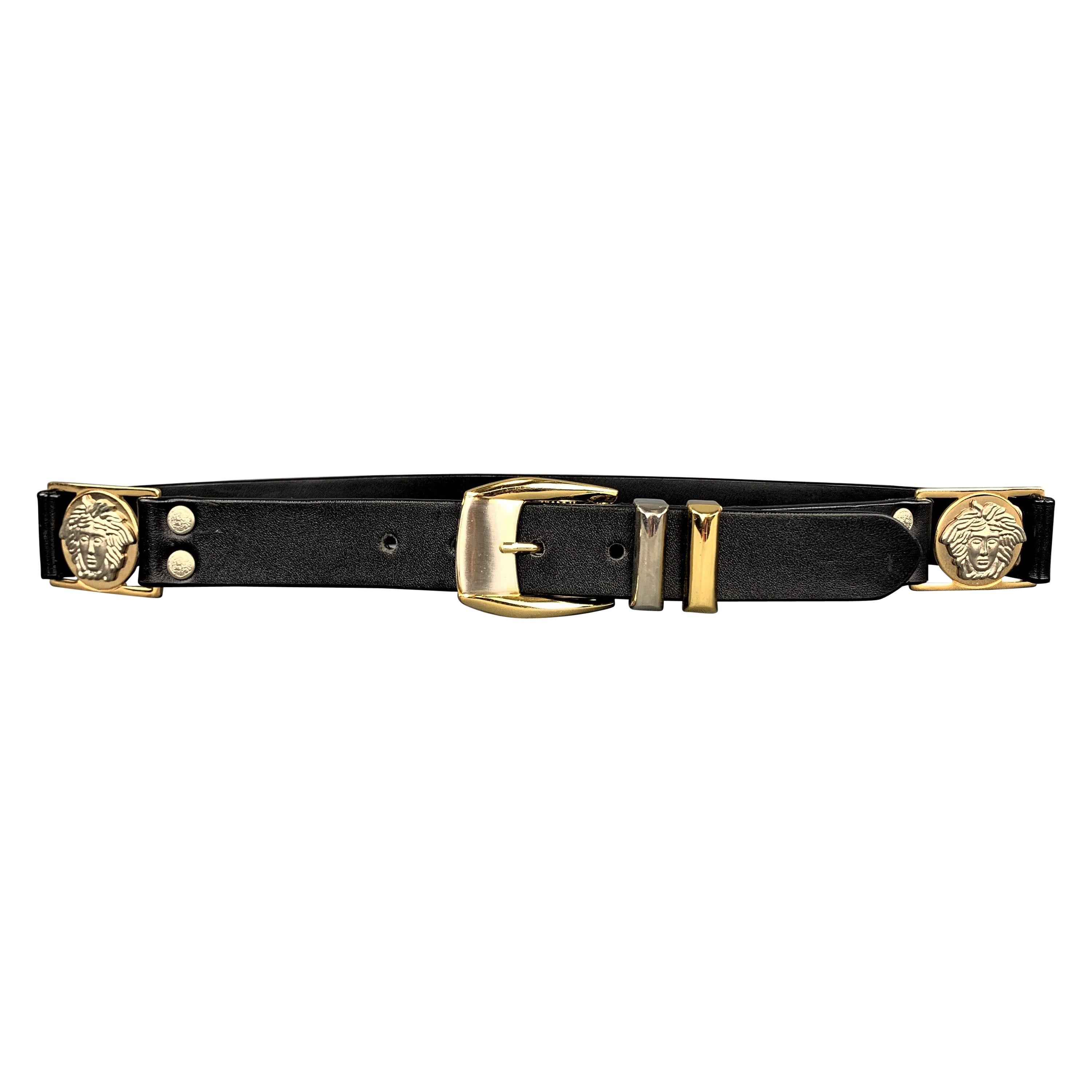 GIANNI VERSACE Size 30 Silver & Gold Medusa Studded Black Leather Waist Belt