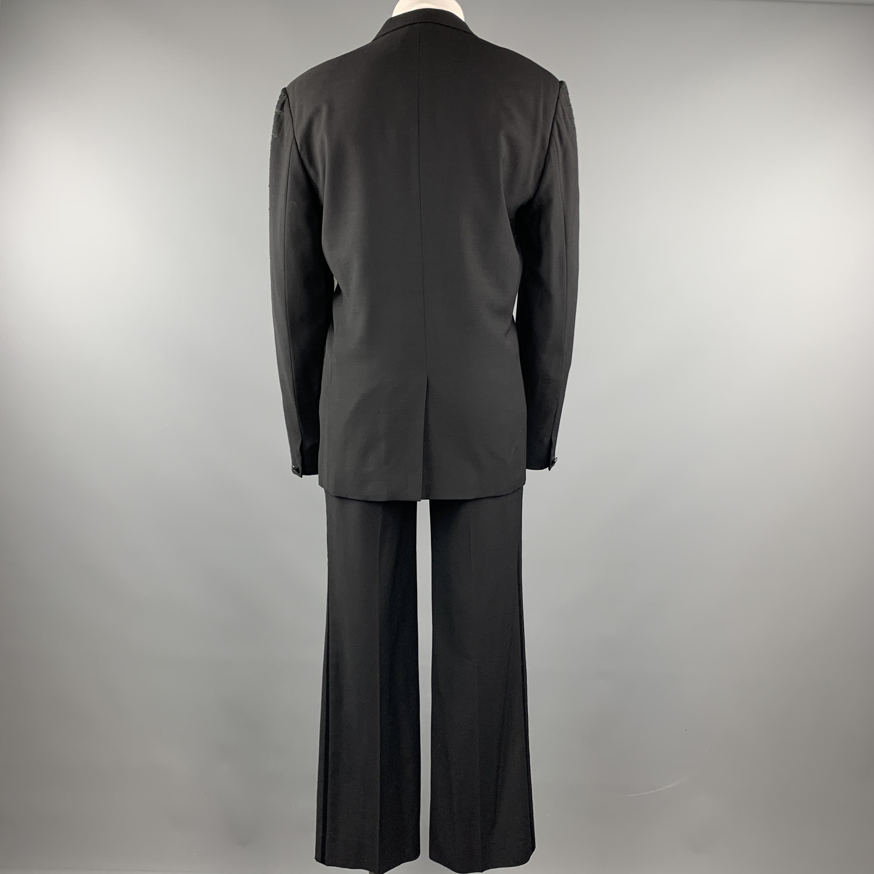 GIANNI VERSACE Size 42 Black Embroidered Sleeve Wool Peak Lapel Tuxedo Suit 1