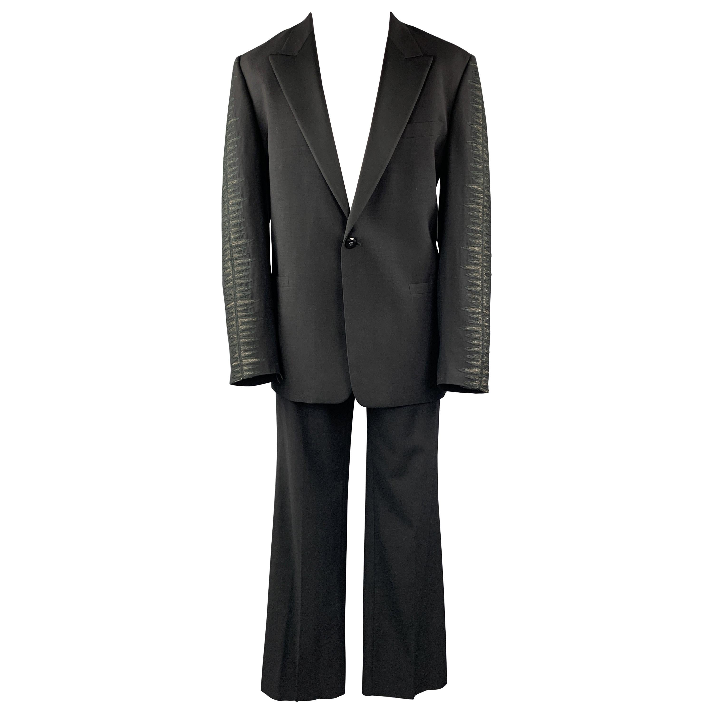 GIANNI VERSACE Size 42 Black Embroidered Sleeve Wool Peak Lapel Tuxedo Suit