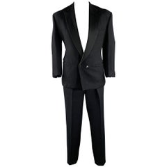Used GIANNI VERSACE Size 42 Black Two Toned Wool Silk Double Breasted Tuxedo