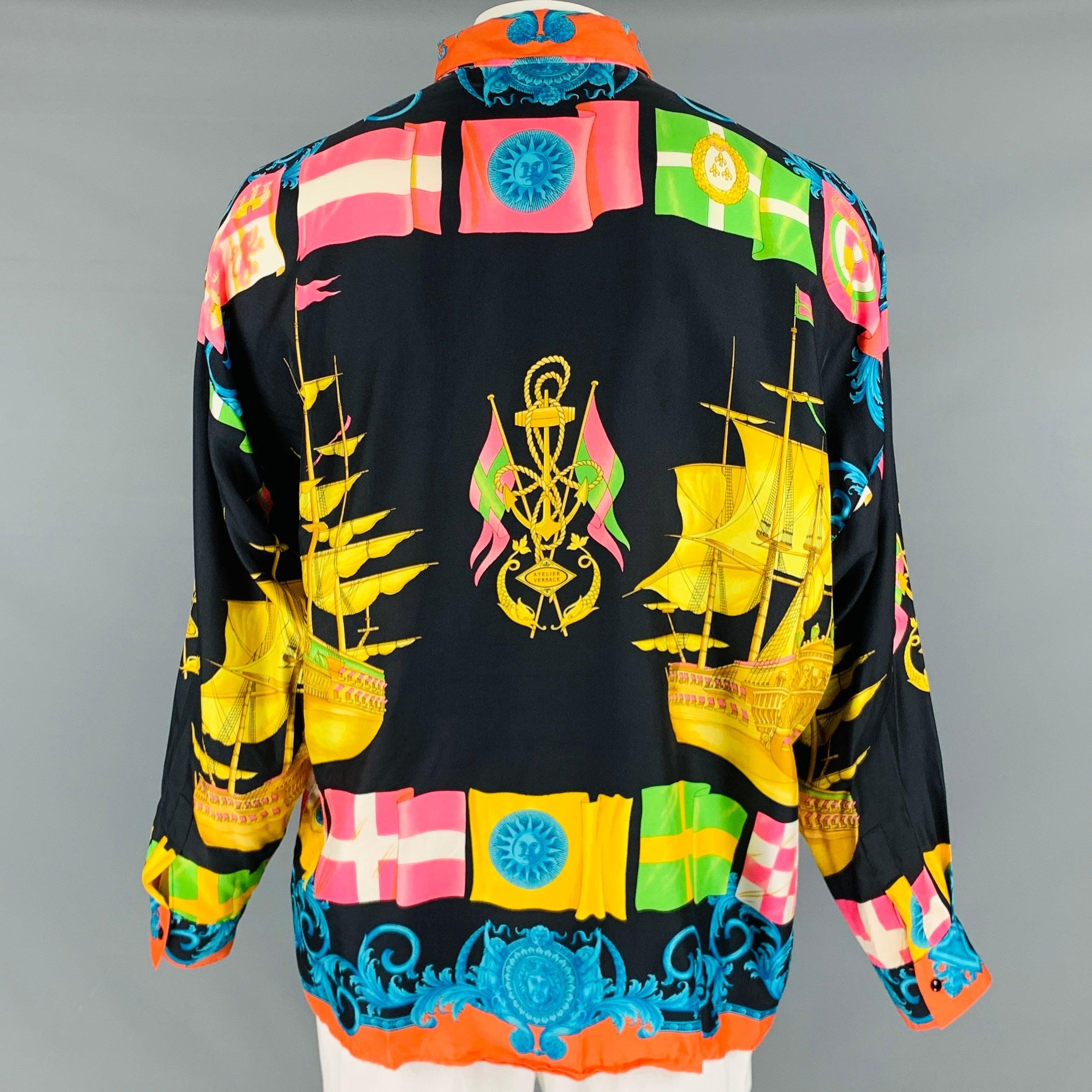 GIANNI VERSACE Size 44 Multi Color Print Silk Hidden Placket Long Sleeve Shirt In Good Condition For Sale In San Francisco, CA