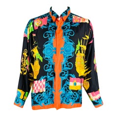 GIANNI VERSACE Size 44 Multi Color Print Silk Hidden Placket Long Sleeve Shirt